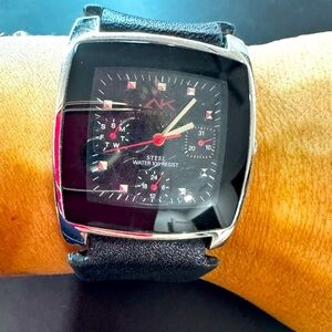 AK Anne Klein Multifunction Watch — Black Leather, Square Case (10/5321)